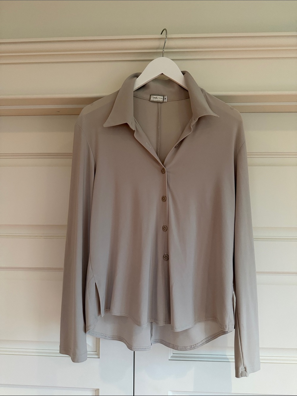 Sympli Taupe Button-Front Long Sleeve Shirt Blouse